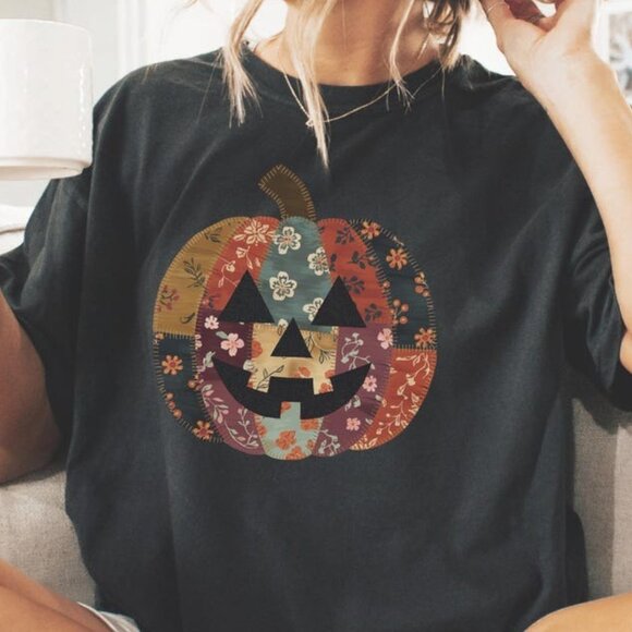 Tops - Patchwork Pumpkin Shirt, Boho Fall Aesthetic Shirt